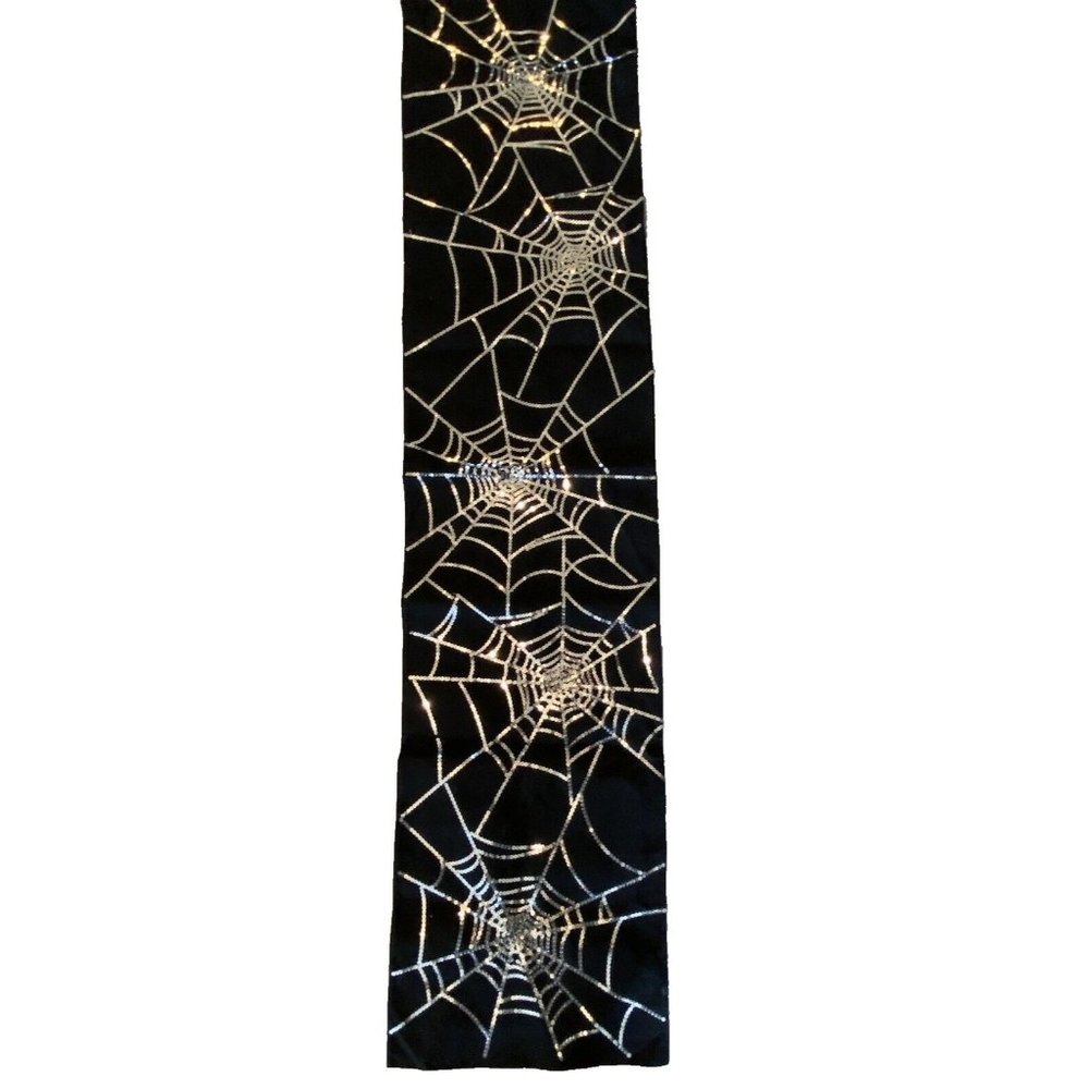 Halloween Table Runner Black With Silver Sequins Spiderwebs 13.5x58"